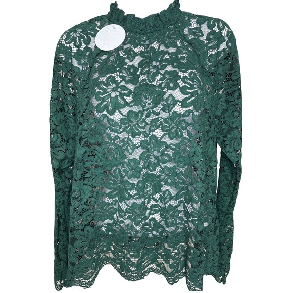 Hill House Home Tops - NWT Hill House Womens Green Floral Lace Long Sleeve Ruffle Blouse Sz S Victorian